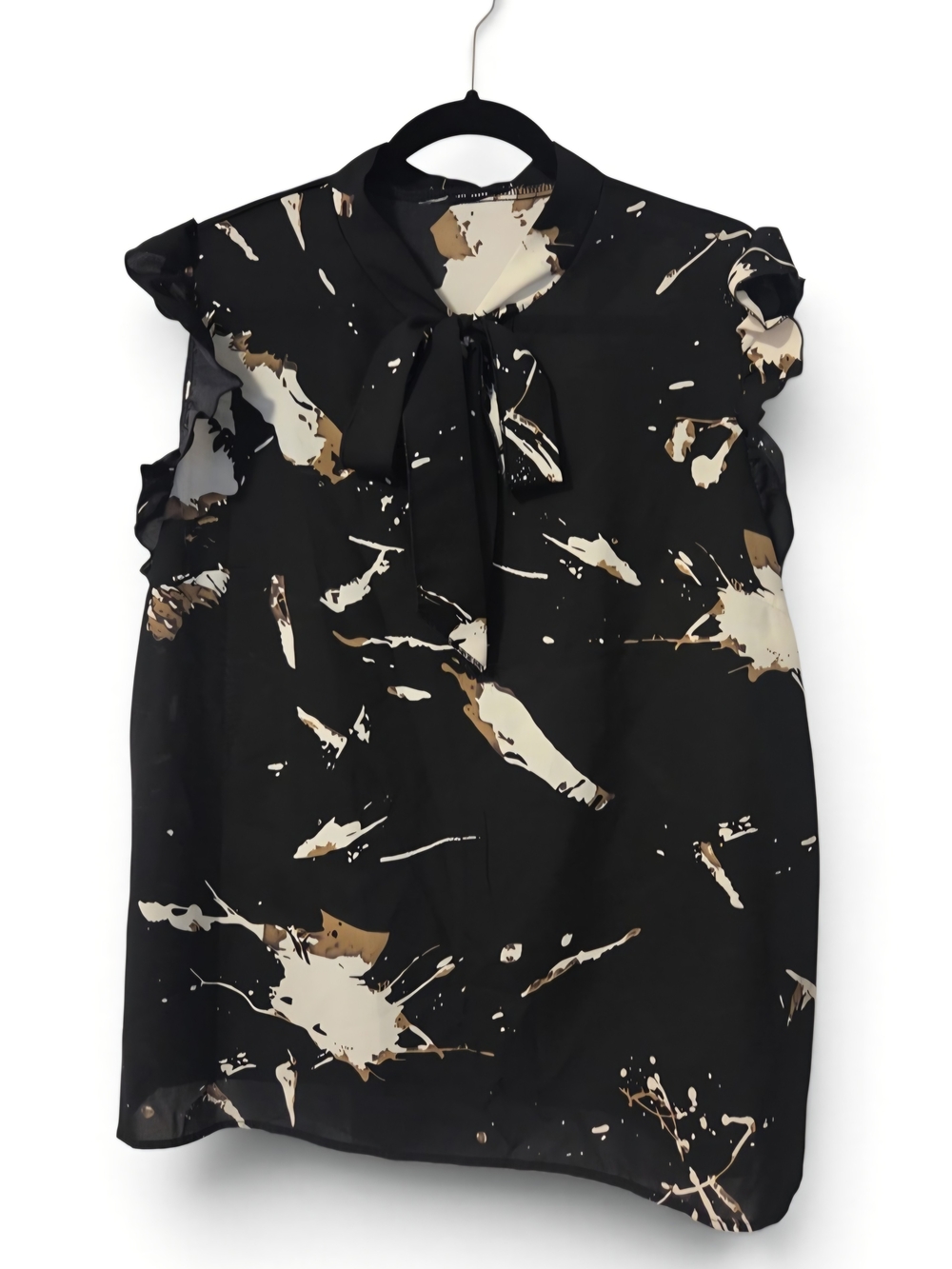 SHEIN Black Tie-Neck Ruffle Cap Sleeve Blouse with Cream and Brown Splash Print
